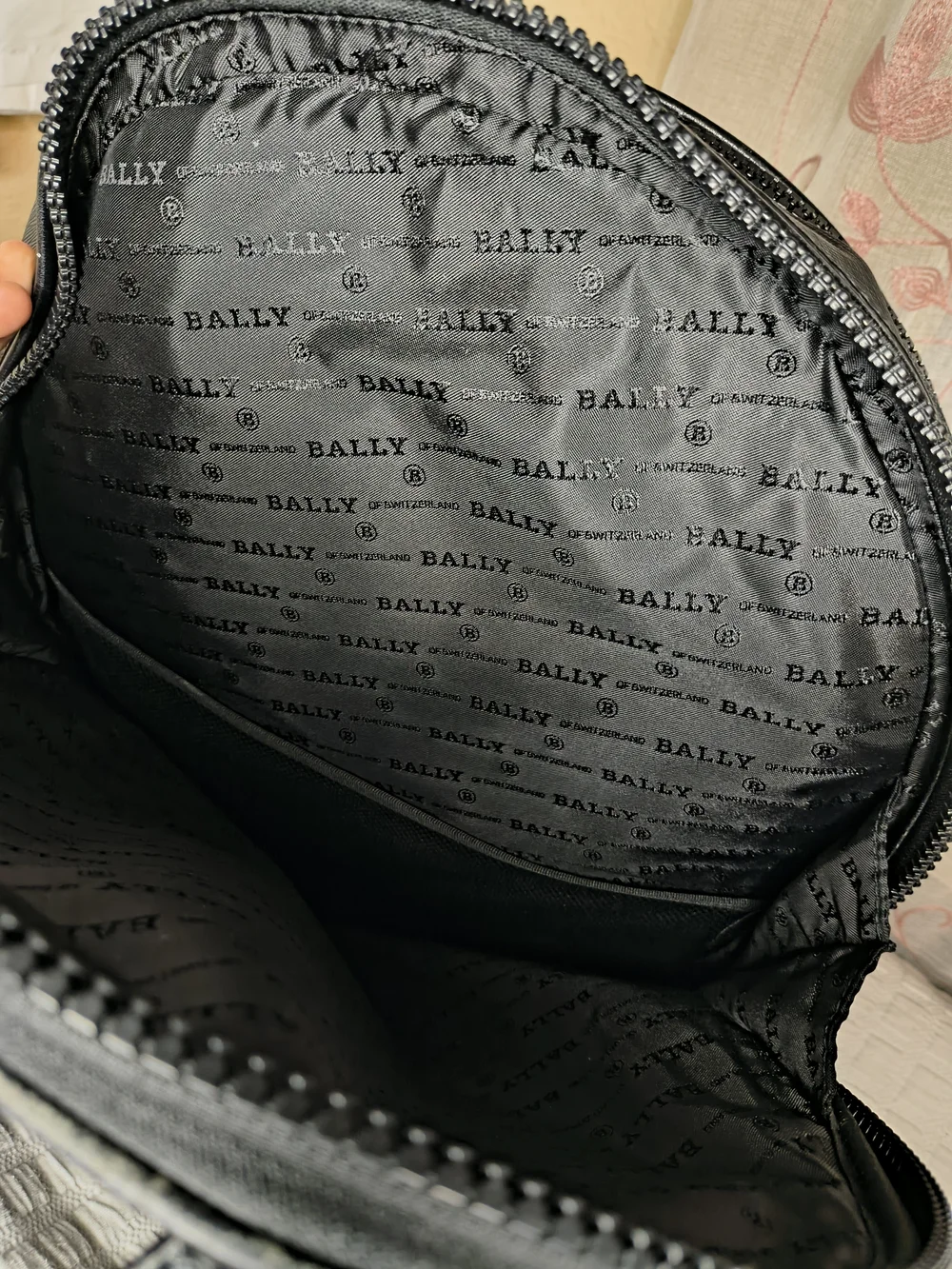 Bally Black leather backpack with brown monogram panel